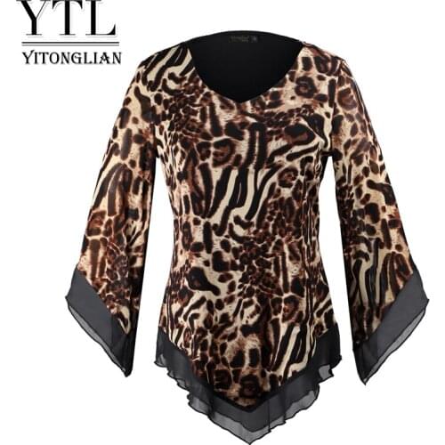 YTL Leopard Printed Mesh Irregular T Shirt Plus Size Womens Blouse Classical Elegant Stylish Tops H434