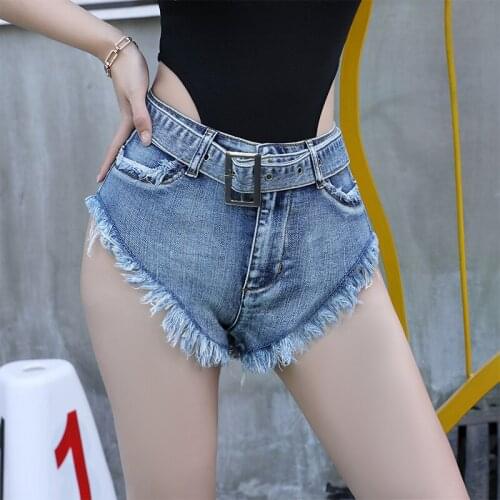Retro Blue Denim Womens Shorts With Belt 2021 Summer Low Waist Sexy Nightclub Vintage Burrs Jeans Short For Dance