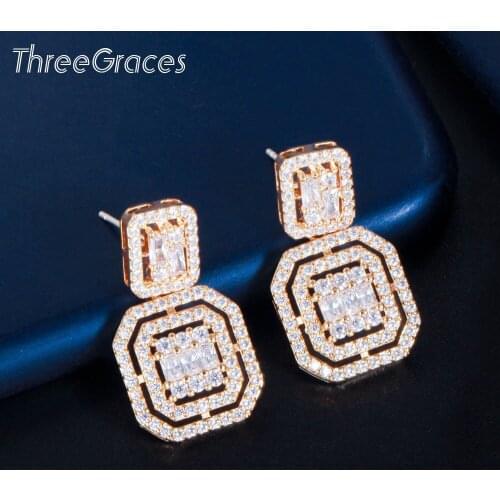 ThreeGraces Sparkling Cubic Zirconia Geometric Square Dangle Drop Earrings for Women New Fashion Party Costume Jewelry ER585