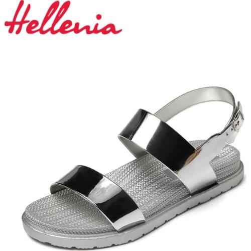 Hellenia flats sandals shoes women fashion metal PVC hot summer casual beach sunshine cool soft ladies sandal shoe woman silver