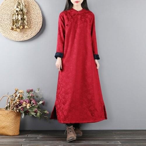 Winter Chinese Style Clothing Women Cheongsam Dress Cotton Long Sleeves Thick Tang Suit Robe Vintage Femme Vestidos 11659