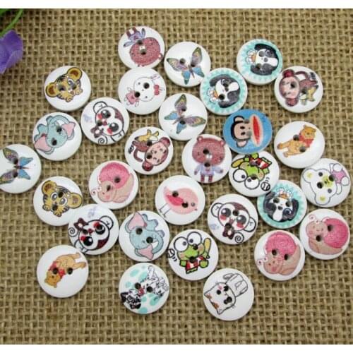 100pcs 15mm Mixed White Round Blue animal Pattern Wooden Buttons For Clothes Crafts Sewing Scrapbooking DIY Accessories