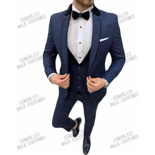 2021 New Designs Formal Navy Blue Business Men Suit 3 Piece Best Man Blazer Groom Wedding Suit Party Tuxedo Jacket Vest Pants