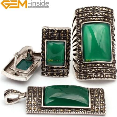 Antiqued silver plated Ring Earrings Pendant Jewelry Sets Rectangle Agates Beads Fashion Jewellery Set Gem