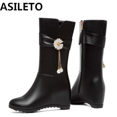 ASILETO Sweet Bowtie Mid-calf Women Boots Winter Hidden Wedge Boots Fashion Casual Shoes Woman Tassel Pearl Solid Zipper S2394