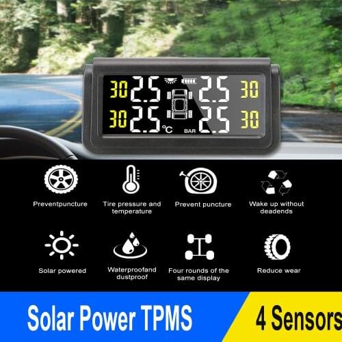 Wireless 4 Tire Pressure Sensor Tire Pressure Monitoring System USB Digital LCD Display Solar TMPS Intelligent