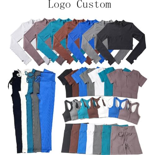 Seamless Women Yoga Set Workout Sportswear Push Up Gym Clothing Fitness Short Sleeve Crop Top High Waist Leggings Sports Suits