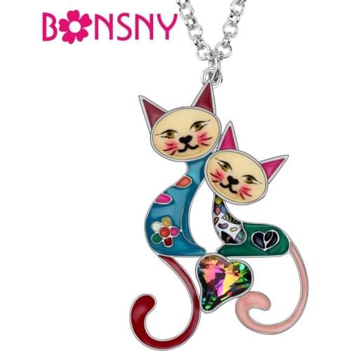 Bonsny Enamel Alloy Rhinestone Crystal Double Cat Necklace Pendant Fashion Animal Pets Jewelry For Women Girls Best Friends Gift