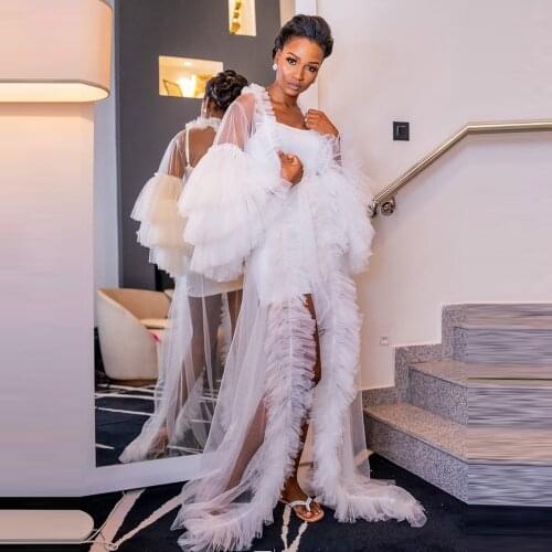 Elegant Bridal White Tulle Robes Sheer See Through Ruffled Tulle Dressing Gown Bridal Tulle Maternity Dress Custom Made