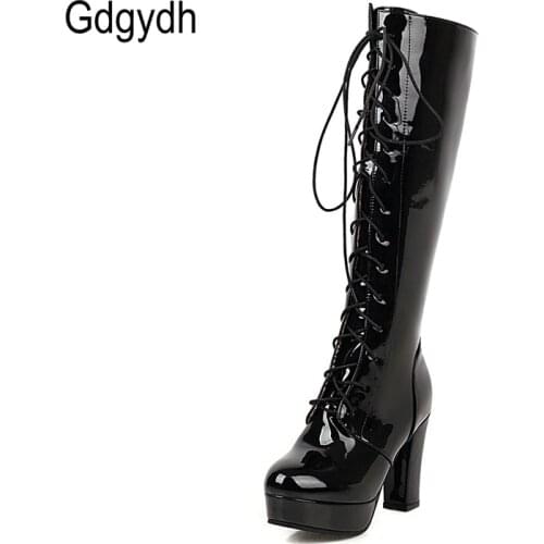 Gdgydh 2020 Patent Leather Women Knee-High Boots Red Wedding Boots Lace-up Round Toe Thich High Heels Female Boots Plus Size 48