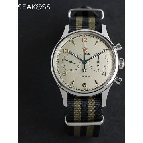 SEAKOSS Chronograph Retro Mens Watch Chinese Air Force Pilot Luminous Men Watch 1963 Seagull Movement Nylon Watch Montre Homme