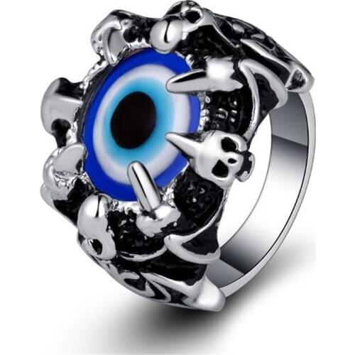 Punk Retro Male Demon Eye Ring Gothic Skeleton Silver Color Finger Accessories Hip Hop Street Mens Jewelry Ring