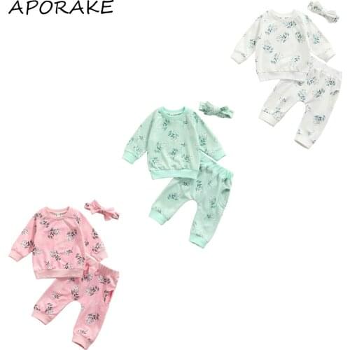 2021 0-24M Casua Infant Girl Clothes Set Floral Print Long Sleeve O Neck Sweatshirt+Harem Pants+Headband Spring Autumn Tracksuit