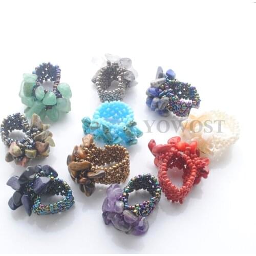 Mixed Colors 10PCS Resizable Rings for Women Gem Stone Chip Beads Stretch Finger Ring Jewelry Charm QC2043