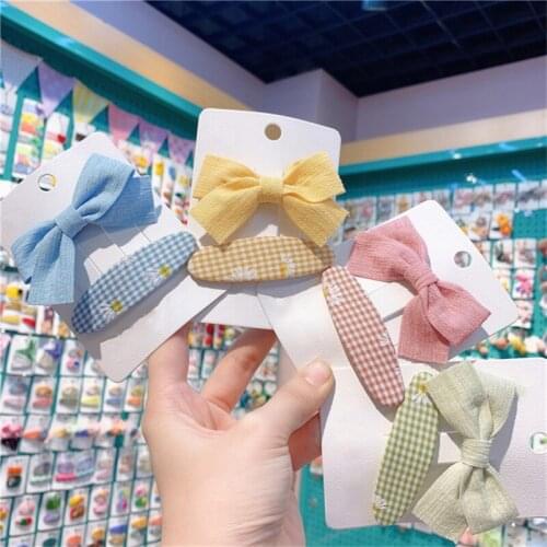 Cute Korean New Childrens Chrysanthemum Plaid Bb Clip Lovely Girl Bow Hair Clip Baby Fabric Hairpin Ribbon Bows Clips Hairpins