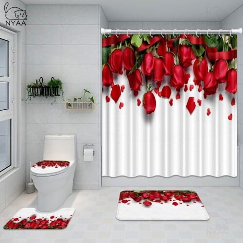 Happy Valentines Day Shower Curtains Bathroom Curtain Rose Petal Love Bath Sets Toilet Cover Mat Non-Slip Washroom Rug Set
