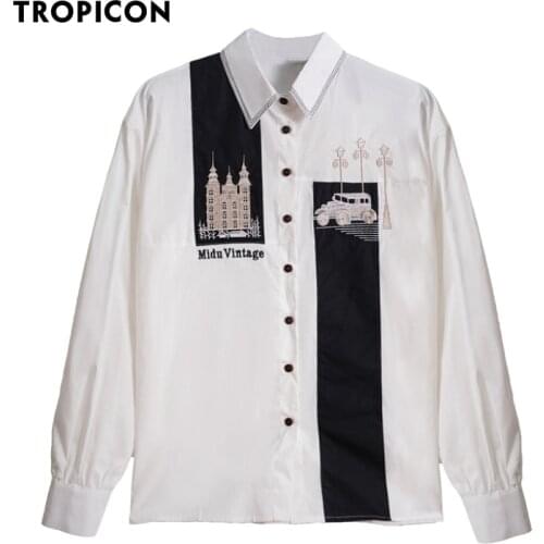 TROPICON Fall 2020 Women Long Sleeve Blouse Patchwork White Button Up Collar Shirt Loose Designer Korean Fashion Clothing