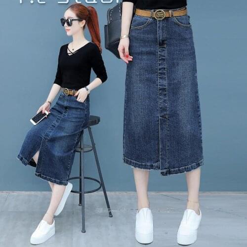 2021 Women Spring Elegant Plus Size Denim Skirt Female Sashes Pockets High Waist Faldas Ladies Casual Solid Irregular Skirt K285