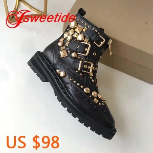 Explosion models Black genuine leather square heeled round toe shoes Metal jewelry unique style Brand leather womens boots