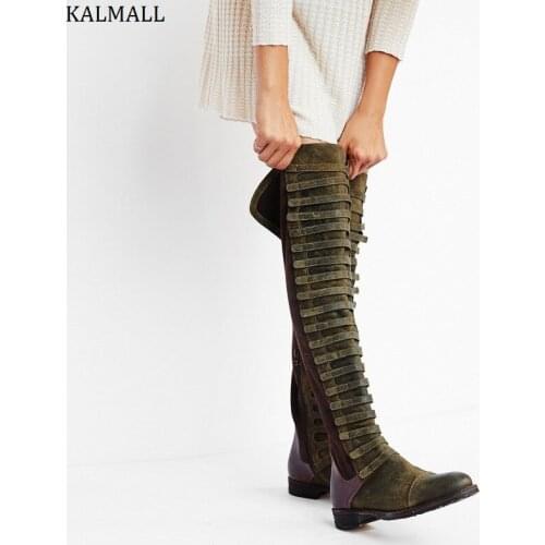 KALMALL Patchwork Leather Suede Thigh High Boots Winter Side Zipper Over-The-Knee Boots Rome Retro Style Women Motorcycle Boots
