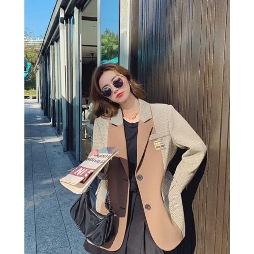 Wenfly Women Clothes Plaid Patchwork Design Suit Jacket Single Breasted Split New Casual Loose Korean Harajuku Outerwear