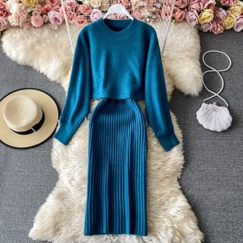 Autumn Winter Women 2 Piece Sets Temperament O-Neck Batwing Sleeve Sweater Frock Spaghetti Strap V-Neck Package Hip Dress Sets