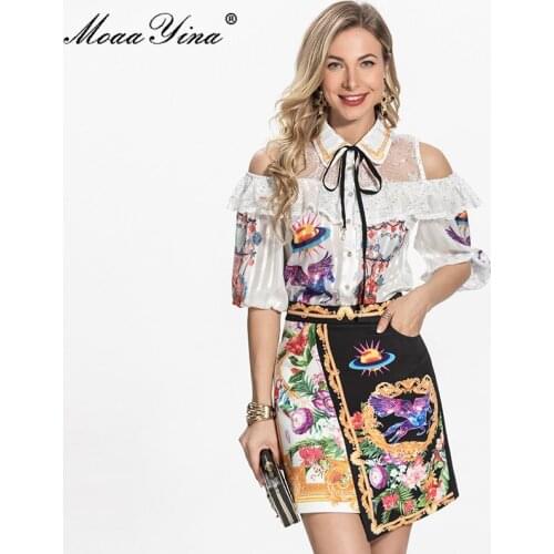 MoaaYina Fashion Designer Summer Slim Skirts Suit Womens Short sleeve Striped Shirt and Black Printed Skirts 2 Pieces Set