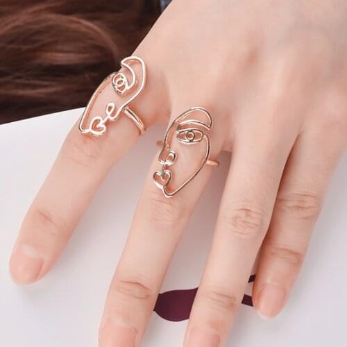 2pcs/pair Women Funny Face Creative Silver Plated Moon Face Vintage Statement Finger rings Gold Color Knuckle Rings Set