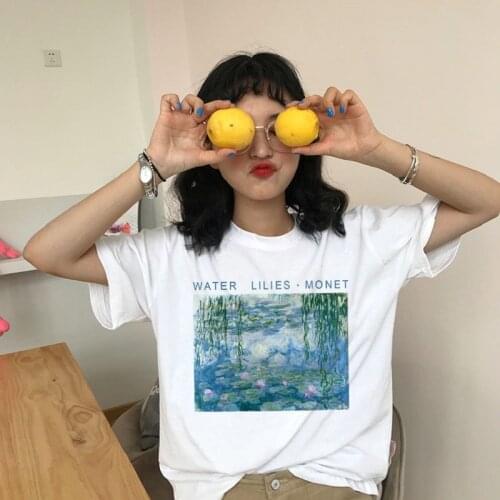 Water Lilies Monet Print Womens Summer Fashion New Fashion Big Size Letter Cartoon Oil Painting Harajuku O-Neck T-Shirt