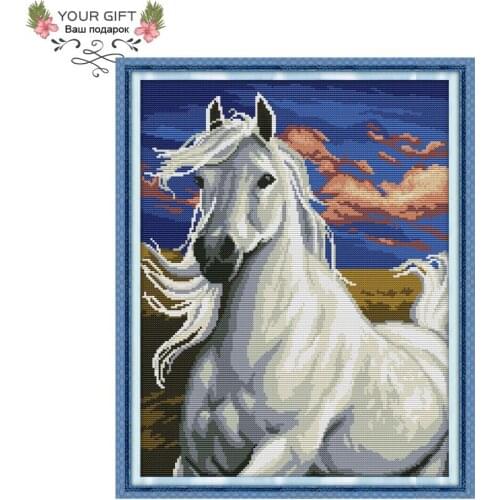 Joy Sunday DA227 14CT 11CT Stamped and Counted Home Decoration White Horse Needlework Embroidery Cross Stitch Kits