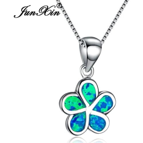 JUNXIN New Stylish Silver Color Flower Pendants Choker Elegant Blue Fire Opal Necklace For Women Lover Gift NL0116
