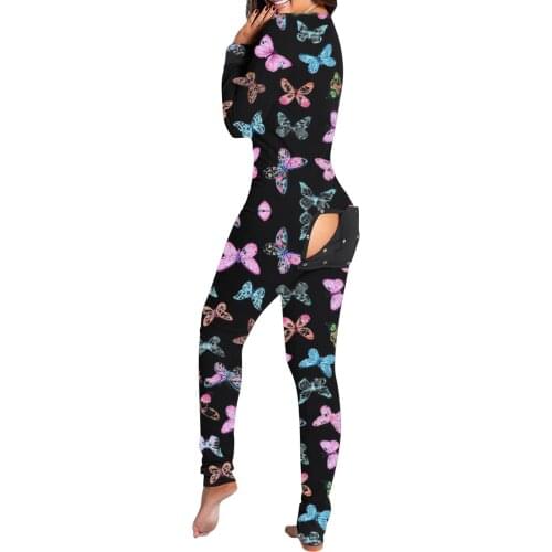 New Butterfly print Jumpsuit Women Casual Long Sleeve Button-down Front Functional Buttoned Flap Playsuit Pajamas for Adult