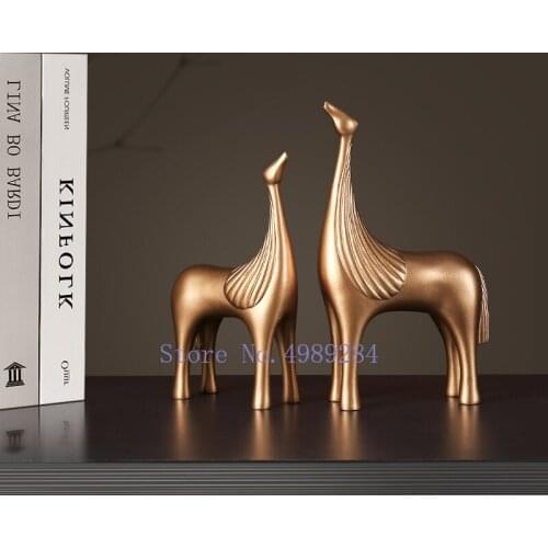 Creativity Resin Golden Horse Simulation Animal Abstract Sculpture Modern Home Decoration Crafts Figurines Two-piece Set