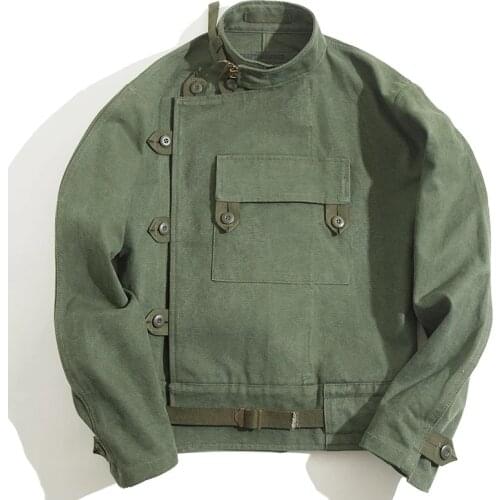 Maden Army Green Retro Jacket Misplaced Oblique Buckle Swedish Motorcycle Mens Jacket AMEKAJI Cotton Washed XXXL Jacket
