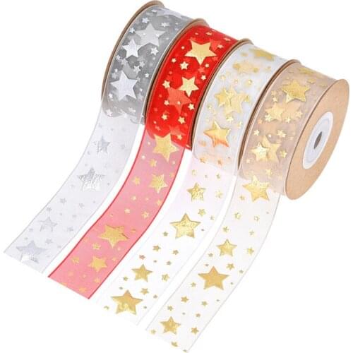 10Yards Organza Christmas Stars Ribbon Tape For Needlework Craft Decarotions Print Golden Ribbons Handcraft DIY Bow