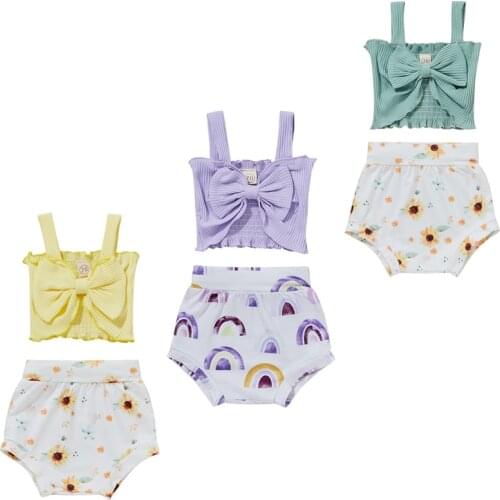 2021-05-05 Lioraitiin 0-24M Summer Baby Girls Clothes 2pcs Bowknot Strap Sleeveless Vest Tops Rainbow Printed Shorts 3 Colors