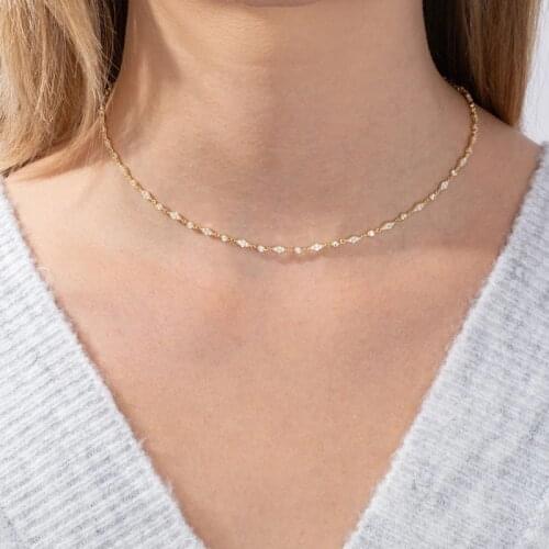 Minimal delicate ollarbone CZ necklace silver color wedding engagement bridal gift Geometric cz link chain chocker jewelry