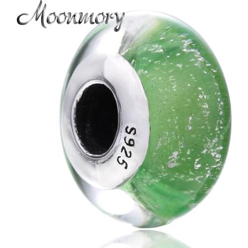 Moonmory 925 Sterling Silver Green Murano Glass bead Fits Brand Snake Bracelet Sterling Silver DIY Glass Charm Jewelry Marking