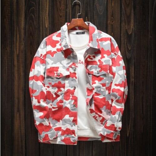 2021 Spring and Autumn New Mens Slim Denim Jacket Men Buttons Casual Casual Personality Fashion Red Camouflage Jean Jacket