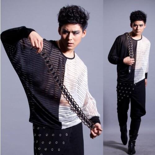 Cutout black white punk slim sexy shirt men long sleeve shirt teenage korean shirt mens personality stage singer dance splice