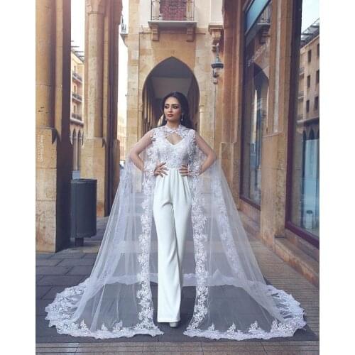 2019 New Design White Jumpsuit Wedding Gowns Lace Applique Pant Arabic Dubai Women Bridal Gowns With Sweep Train Jacket
