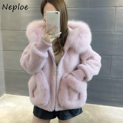 Neploe Korean Style Hooded Double Pockets Faux Fur Coat 2021 Autumn Winter Solid Color Zip Jacket Fashion Sweet Women Tops
