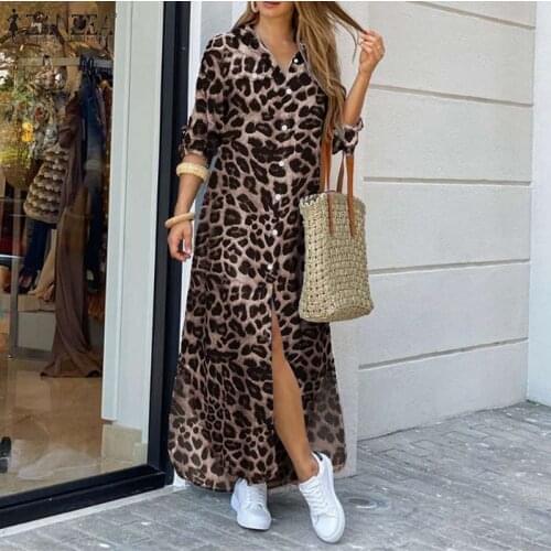 Womens Autumn Fashion Shirt Dress ZANZEA Party Holiday Longue Robe Casual Vintage Leopard Dresses Female Lapel Long Vestidos