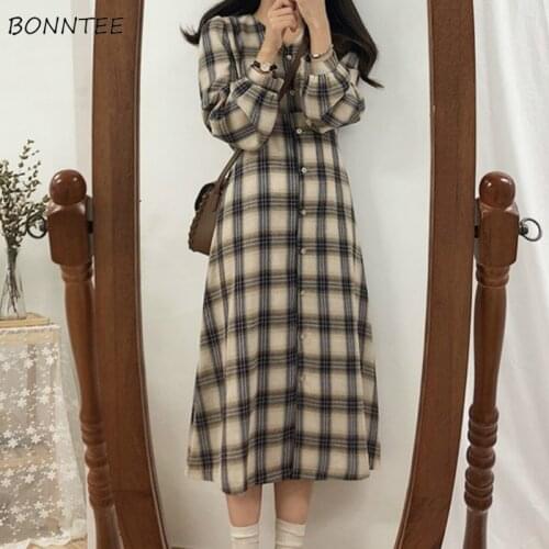 Dress Women Retro Plaid Spring Long Loose Large Size XXL Female Vintage Temperament V-neck High Waist Fashion Trendy Holiday New