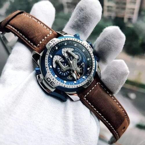 Reef Tiger/RT Luxury Blue Military Sport Watch Men Leather Strap Perpetual Calendar Automatic Mechanical Watch Waterproof Clock
