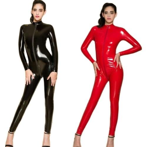 Wetlook PVC Catsuit Zip Open Crotch Long Sleeve Bodysuit Rompers Womens Jumpsuit Set Body Mujer Hot Sexy Black Bodysuits Teddies