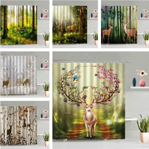 Cartoon Deer Animal Shower Curtain Sika Deer Forest Tree Flower Bird Scenery Bathroom Waterproof Hanging Curtains Screen Decor