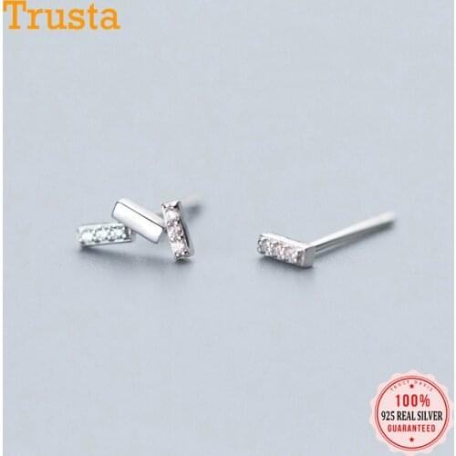 Trusta 2018 100% 925 Real Sterling Silver Jewelry Fashion Cute Tiny Asymmetric CZ Stud Earrings Gift For Girls Kids Lady DS519