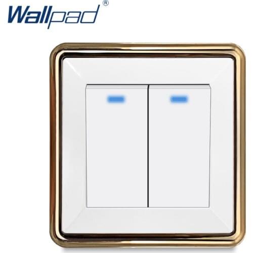 Wallpad 2 Gang 2 Way With Blue LED Indicator Wall Light Switch Rocker Button White Panel Gold Edge