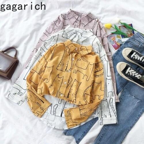 Gagarich Blouse Women 2020 Autumn Animal Print Retro Loose All-match Cat Pattern Midi Shirt Top Long-Sleeved Casual Wear